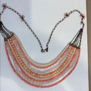 Multi-Strand Natural Pink Coral & Freshwater White Pearl Statement Necklace 26”